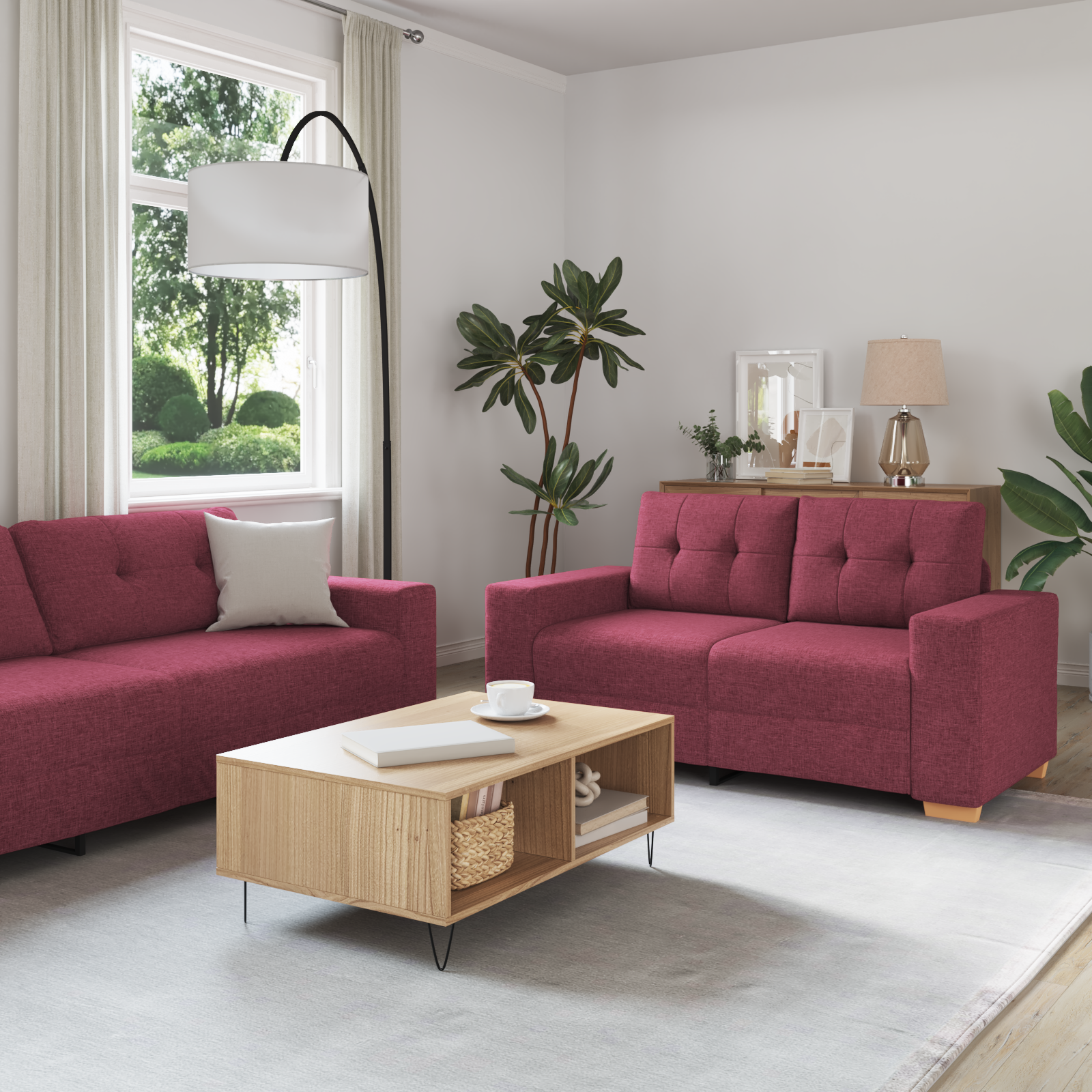 Sofa Set with Cushion 2 pcs Wine Red 221 x 78 x 80 cm Fabric